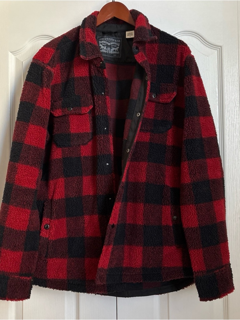 Levi's Red and Black Plaid Sherpa Shirt Jacket